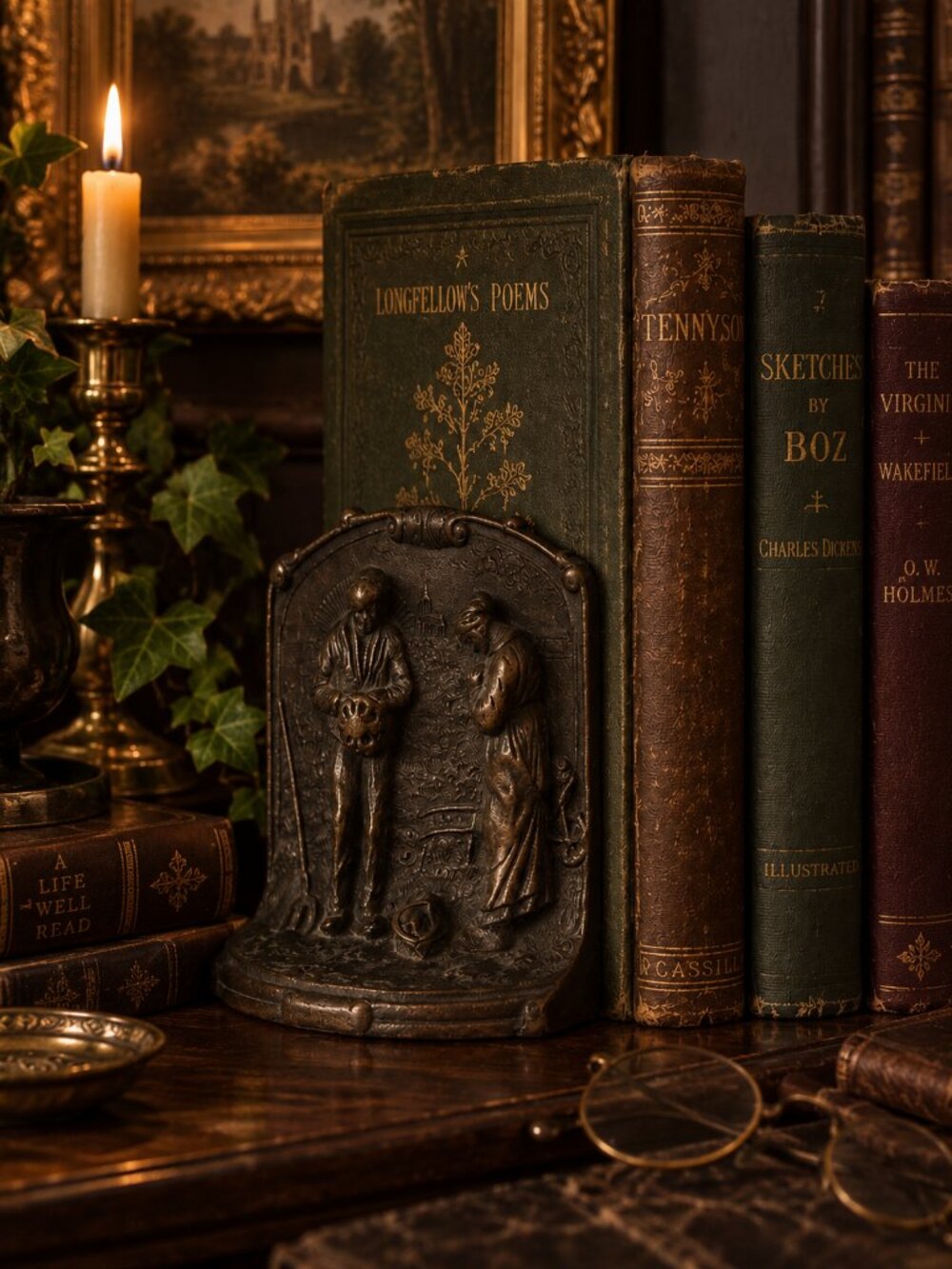 SetAntique of 1920s Cast Iron Bookends Jean-François Millet Aged Bronze